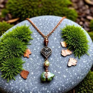 Unique Unakite Jasper Bear "Y" + Copper Necklace! 4 Wire Wrapped Beaded Sections